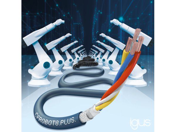Chainflex Ethernet-kablet CFROBOT8.PLUS til 15 millioner vridningsbevægelser på op til 360 grader, anbefales af Igus til hurtig kommunikation på blandt andet seks-aksede robotter. (Foto: Igus GmbH)