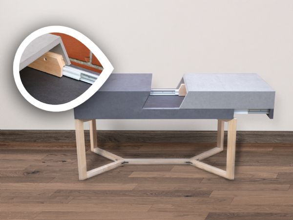 Anodiserede aluminiumsksler med smørefri Drylin lineære glidelejer leverer opbevaringsplads i et sengebord. (Illustration: Igus GmbH)