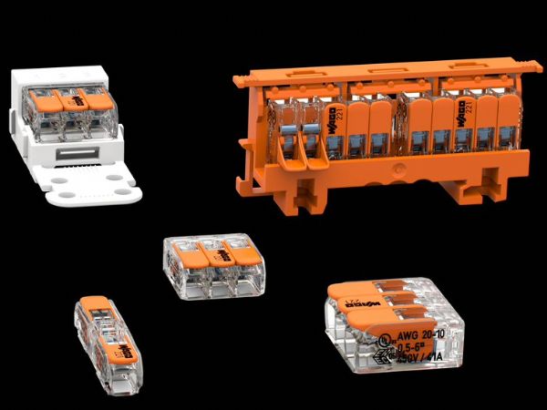Wagos 221-serie af tilslutningsterminaler fås som 2-, 3- og 5-ledningsterminaler. Alle varianter er udstyret med et aktuatorhåndtag til værktøjsfri tilslutning og frigivelse af kabler. (Foto: Wago)