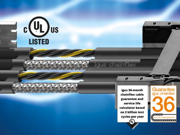 De UL certificerede CF150.UL og CF160.UL styrekabler kan lægges på kabelbakke direkte fra energikæde. (Illustration: Igus GmbH)