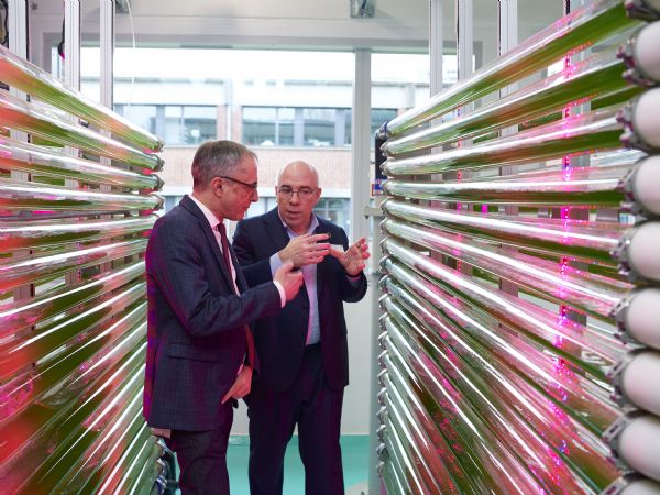 En del af Biosolutions Technology Center er en mikroalge-reaktor, som kan omdanne CO2 til ilt og fx foder. Høje Taastrup Kommunes borgmester Michael Ziegler (t.v.) introduceres her for løsningen af administrerende direktør Juan Farré, Teknologisk Institut (t.h.).