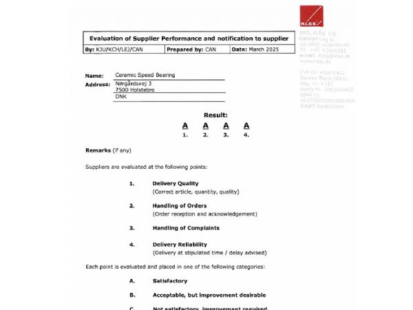 Top Supplier Rating-dokumentationen, som Brd. Klee har tildelt CeramicSpeed Industry.