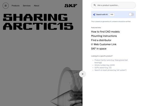 Brugeren skal aktivere AI i søgefeltet, sige ja til brugebetingelserne og kan derefter spørge om alt om SKF's produkter på et hvilket som helst sprog, fremhæver lejeproducenten.